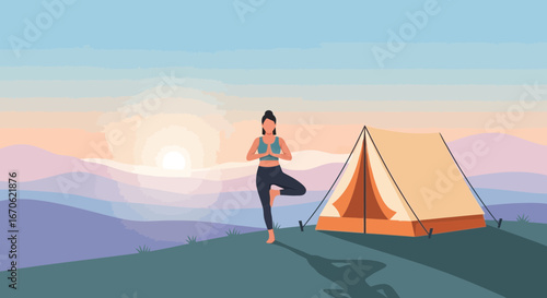 Woman Doing Yoga Near Tent During Sunrise At Hillside For Mindful Vacation