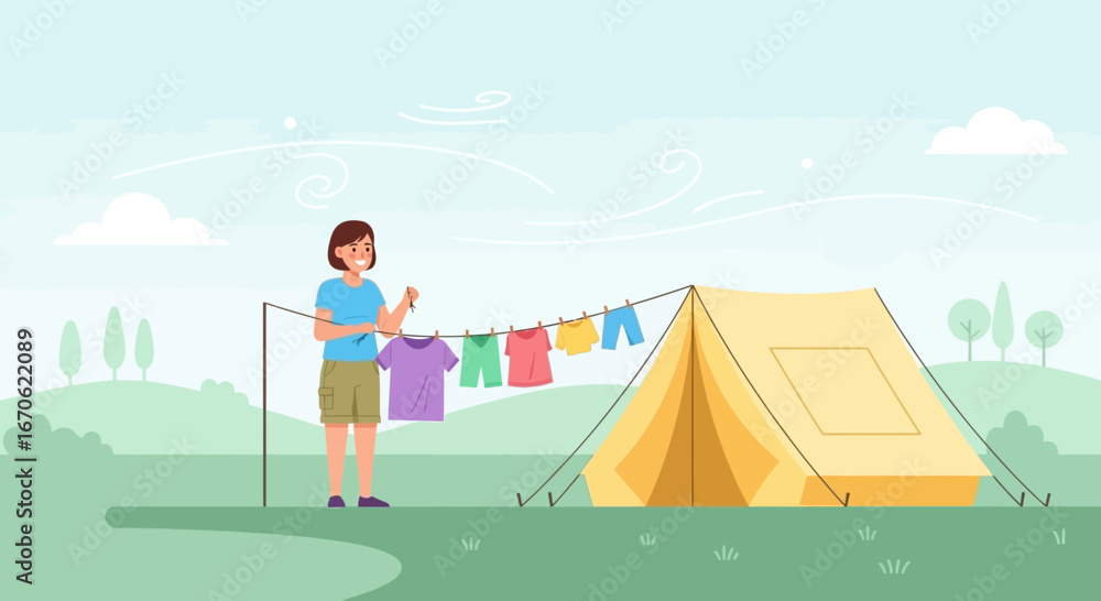 Fototapeta premium Woman Drying Clothes On Camping Trip In Nature Adventure Getaway