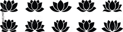 Lotus flower silhouette icon set. Simple lotus flower icons. Elegant vector designs for spa, yoga, and meditation, featuring floral elements, isolated on transparent background. Vector illustration