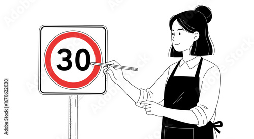 Woman Draws On A Speed Limit Sign In Sketch Style Road Safety Theme