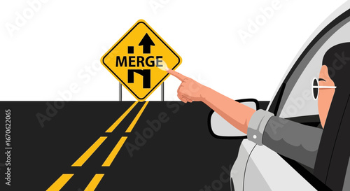 Woman Driver Points To Merge Sign Concept Illustration On Highway Road