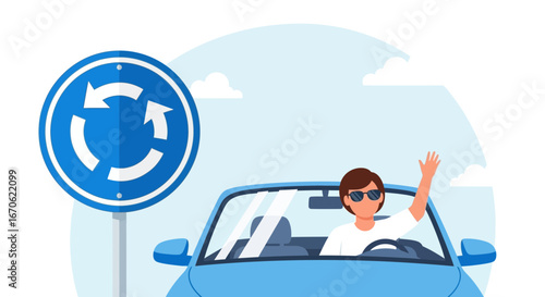 Woman Driving Convertible Near Roundabout Road Sign On Sunny Day Illustration