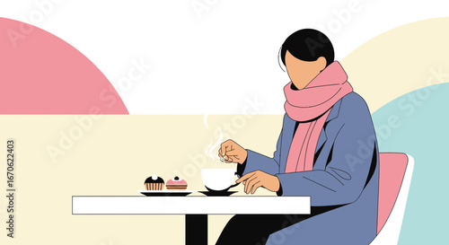 Woman Enjoying Coffee And Cakes Cozy Winter Scene In Minimal Style