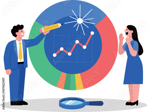 Business professionals analyzing growth trends on a colorful graph.