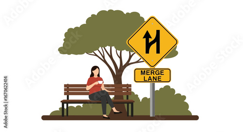 Woman Enjoying Coffee in Park With Merge Lane Sign Ahead Illustration