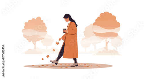Woman Enjoying Fall Season Walking And Drinking Coffee In An Autumn Park