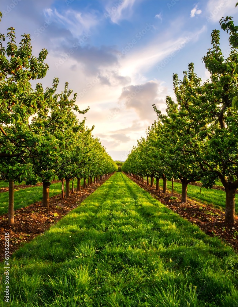 Obraz premium Orchard pathway at sunset