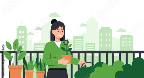 Woman Enjoying Her Urban Garden In The Balcony With City View