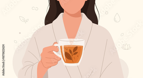 Woman Enjoying Herbal Tea in Robe Promoting Relaxation And Wellness