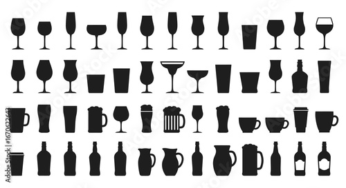 Collection of various wine and drink glasses and bottles icons