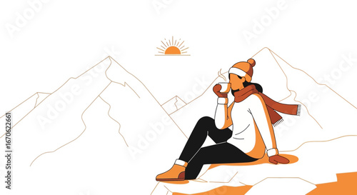 Woman Enjoying Hot Drink In Mountain Setting During Sunrise In Winter