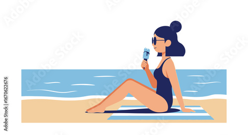 Woman Enjoying Ice Cream on Beach Vacation in Summertime Serenity Scene