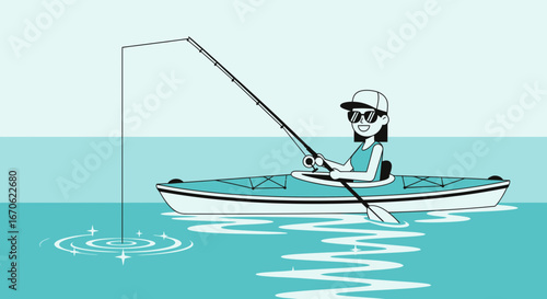 Woman Enjoying Kayak Fishing on a Calm Sea with Fishing Rod