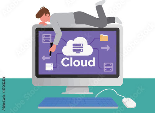 Young man engaged with cloud computing concept, depicting innovation and technology.