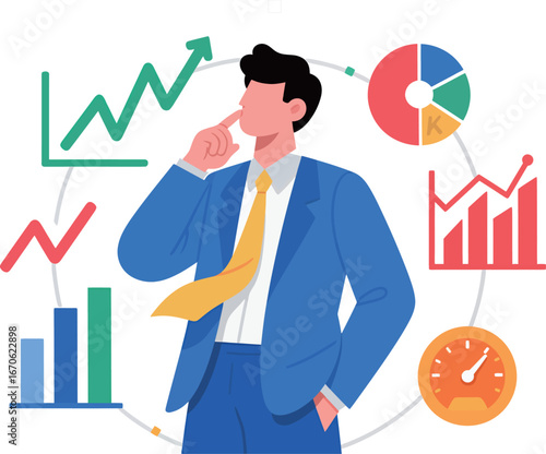 Thoughtful businessman analyzing data with charts and graphs in a modern design.