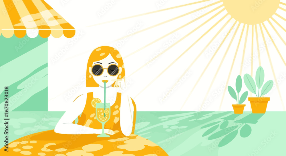Naklejka premium Woman Enjoying Refreshment In The Sun Summer Relaxation Vacation Concept