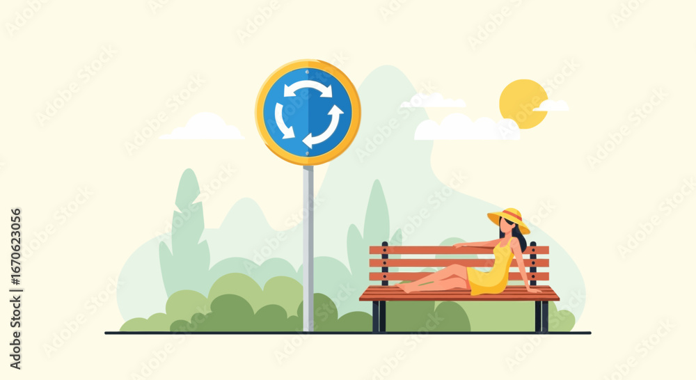 Naklejka premium Woman Enjoying Serene Solitude on Bench by Roundabout in Summer Day