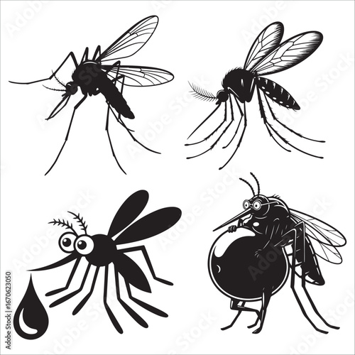 mosquito silhouette vector illustrations; black and white vector graphics; humorous and informative insect designs.