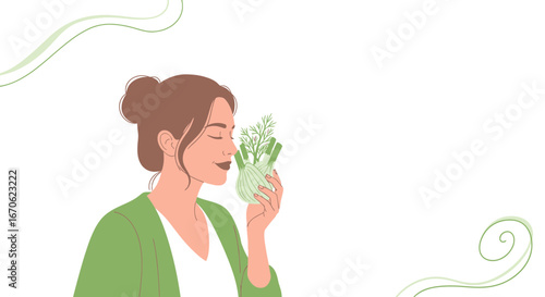Woman Enjoying The Aroma Of Fresh Fennel Minimalist Vector Illustration