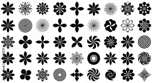 Collection of various black and white flower and spiral shapes
