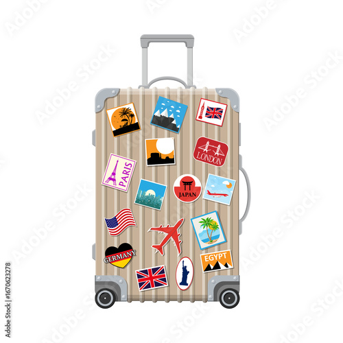 A suitcase covered with stickers from various countries and famous landmarks around the world