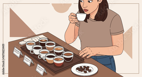 Woman Enjoys Coffee Tasting Exploring Different Flavors at Coffee Shop