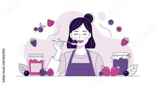 Woman Enjoys Homemade Berry Jam Deliciousness Sweet Treat with a Spoonful Of Flavor