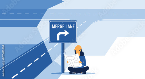 Woman Examining Blueprint At Merge Lane Sign For Engineering And Construction Concept