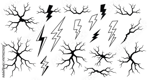 Collection of black lightning bolt and electric shock icons on white background