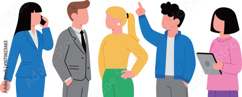 Business professionals engaged in discussion with diverse styles and expressions.