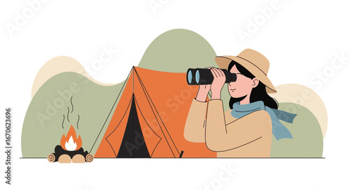 Woman Exploring Nature With Binoculars While Camping Under Starry Sky