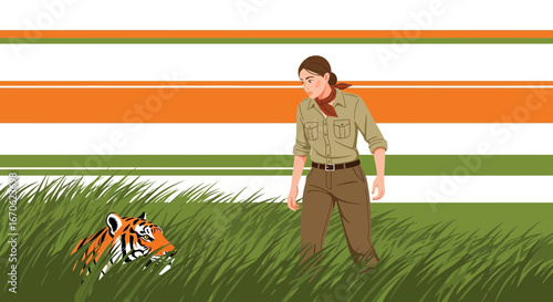 Woman Explorer Encounters Tiger Hidden In Grass On Safari Trip Graphic Design