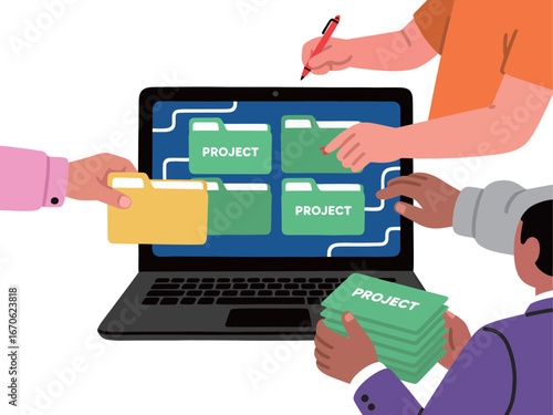 Collaborative teamwork on a digital project with hands organizing files.