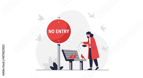 Woman Feeding Birds Against No Entry Sign Creating A Sense Of Defiance