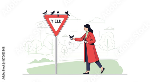 Woman Feeding Birds Near Yield Sign In Public Park Illustration Design