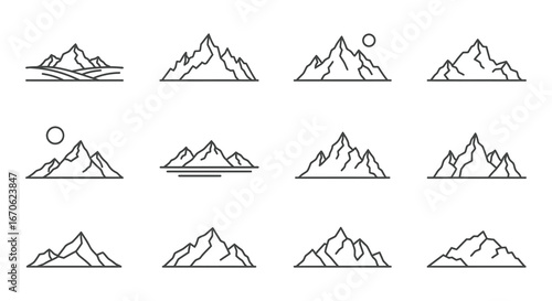 Various mountain range icons in simple line art style on white background
