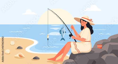 Woman Fishing At The Beach During A Sunny Day Leisure Activity