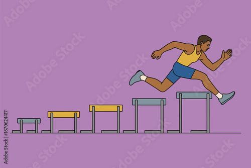 A man in a yellow tank top and blue shorts is jumping over a series of hurdles on a purple background space