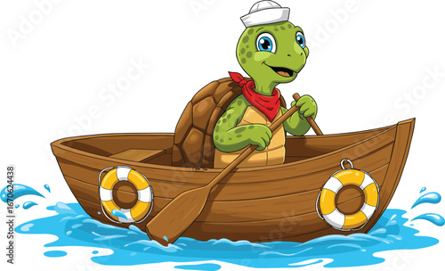 Cute cartoon turtle rowing wooden boat, sea adventure character with sailor hat, red scarf, water splash, nautical kids illustration, vector