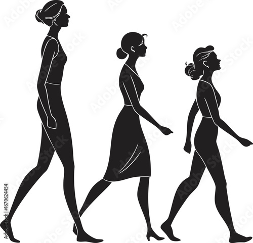 Three black silhouettes of women in profile, depicting stages of growth from childhood to adulthood, walking forward.