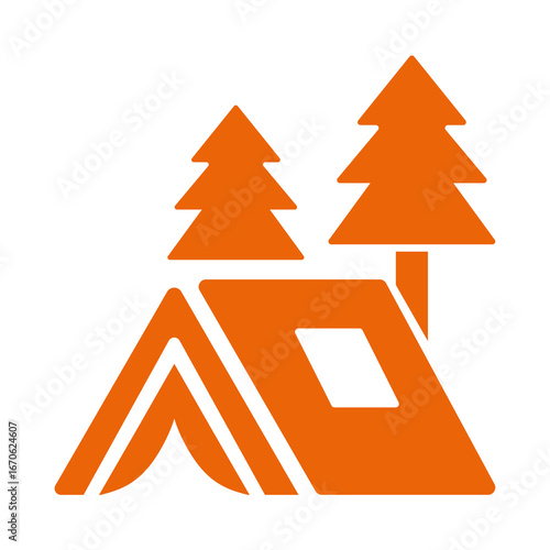 Orange camping logo design featuring a tent and two trees against a black background design image