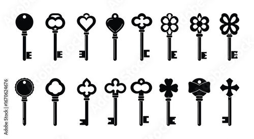 Collection of various old fashioned keys with different shapes and designs