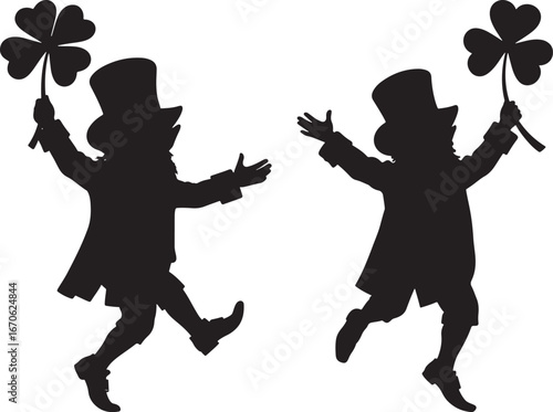 Two dancing leprechauns holding four leaf clovers silhouette