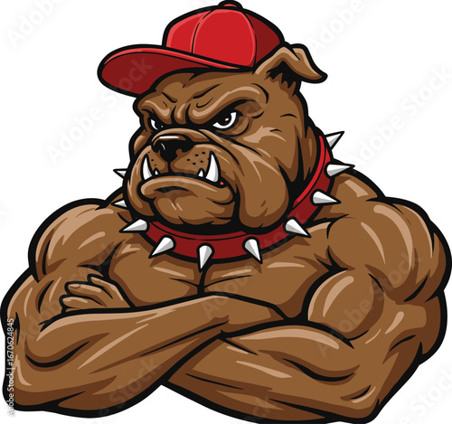 Muscular bulldog mascot illustration, tough cartoon dog with red cap and spiked collar, strong aggressive bulldog character design, vector