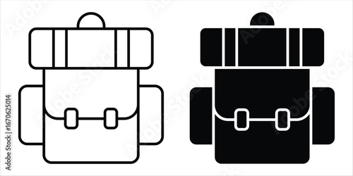 Backpack Icon. A modern hiking icon. Camping backpack with gear hanging. Vector illustration.