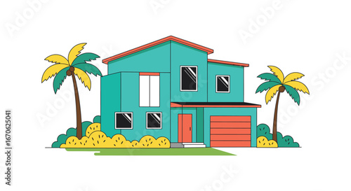 A teal house with orange trim and palm trees in a tropical setting