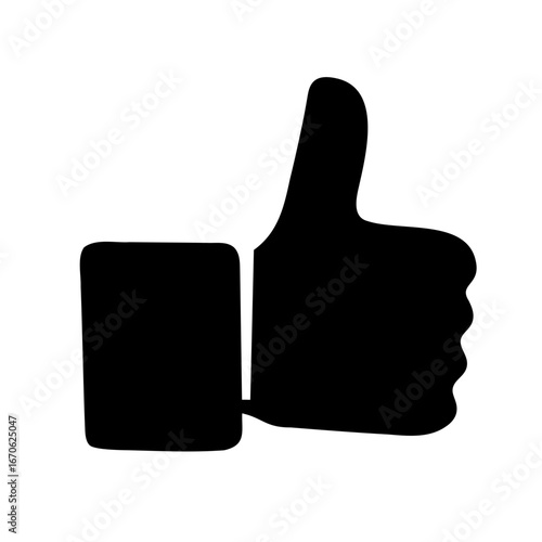 A black silhouette of a thumbs up gesture on a white background