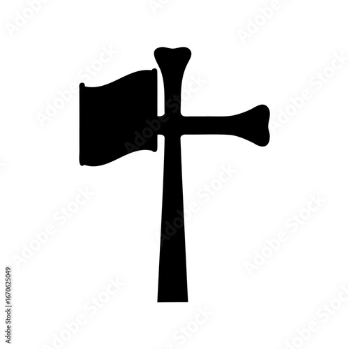 A black silhouette of a flag combined with a Latin cross image