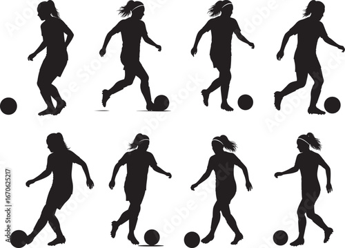 Female soccer players in action silhouette