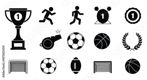 Collection of sports icons and trophies for various athletic events and competitions